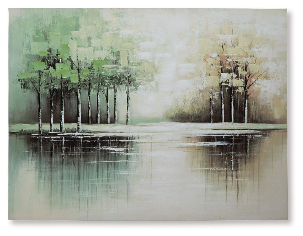 Abstract wall art canvas with green-tan trees and mirrored water, pale background