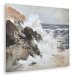 Abstract landscape wall art canvas with tan and gray rocks and white misty wash