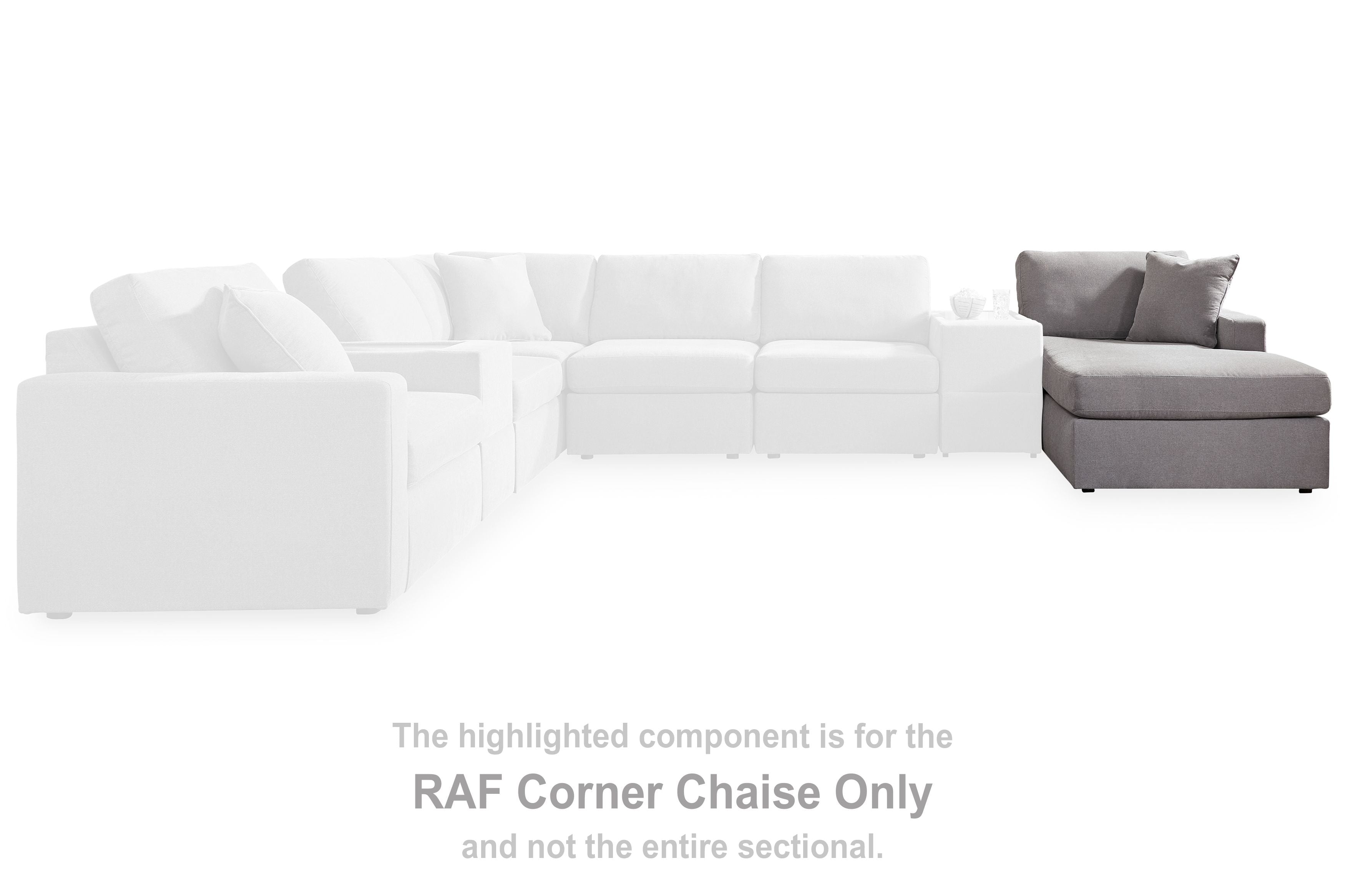Gray chaise corner component highlighted within modular sectional seating