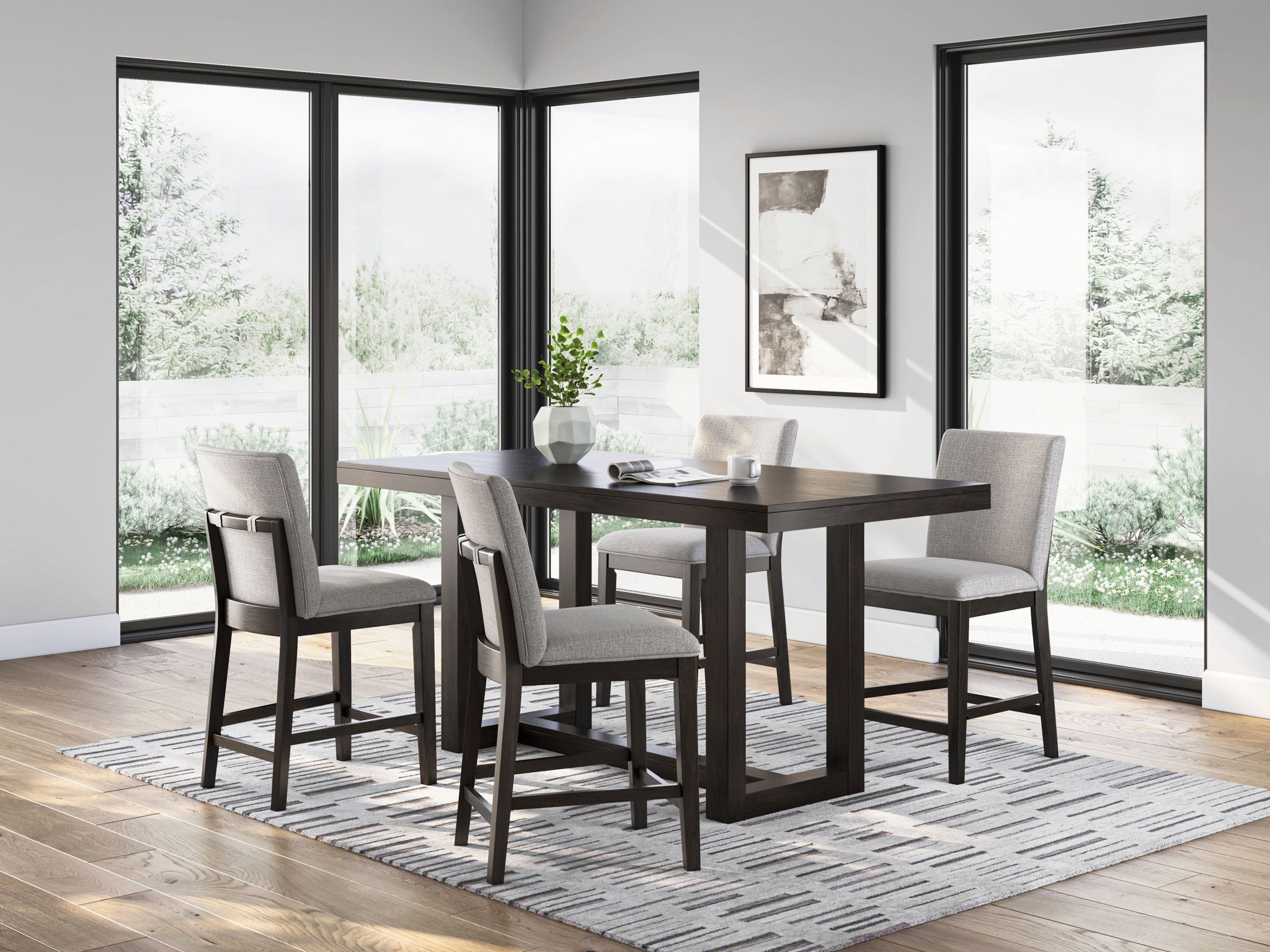 Dining set with rectangular counter table and four barstools with gray seats
