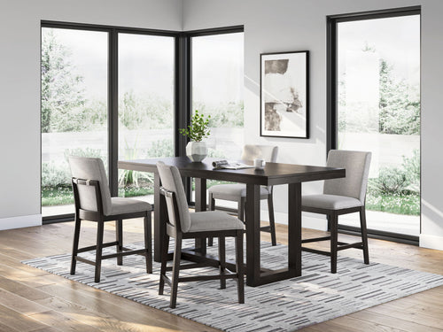 Dining set with rectangular counter table and four barstools with gray seats