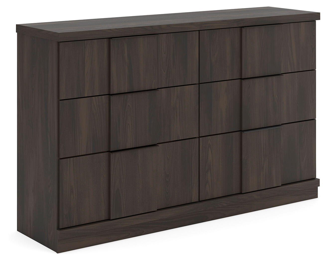 Dark brown six-drawer dresser with straight bar pulls and woodgrain panels.
