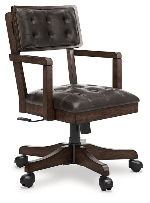 Dark brown tufted office chair with armrests, padded seat, swivel base