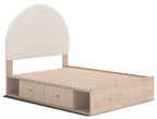 Upholstered panel bed with beige headboard, slatted base, and two front drawers