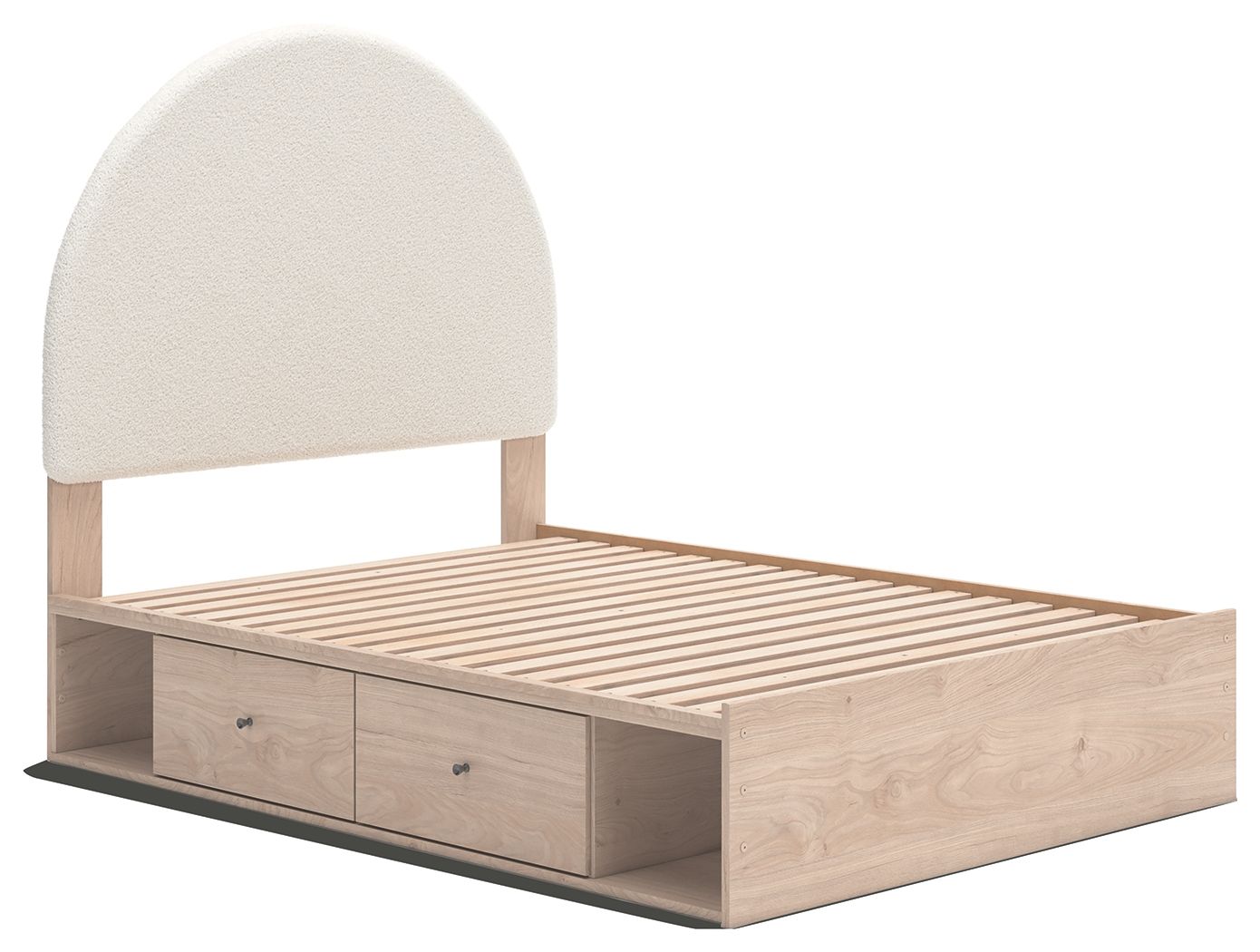 Upholstered panel bed with beige headboard, slatted base, and two front drawers