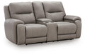 Gray power reclining loveseat with padded arms and split back cushions