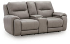 Gray power reclining loveseat with padded arms and split back cushions