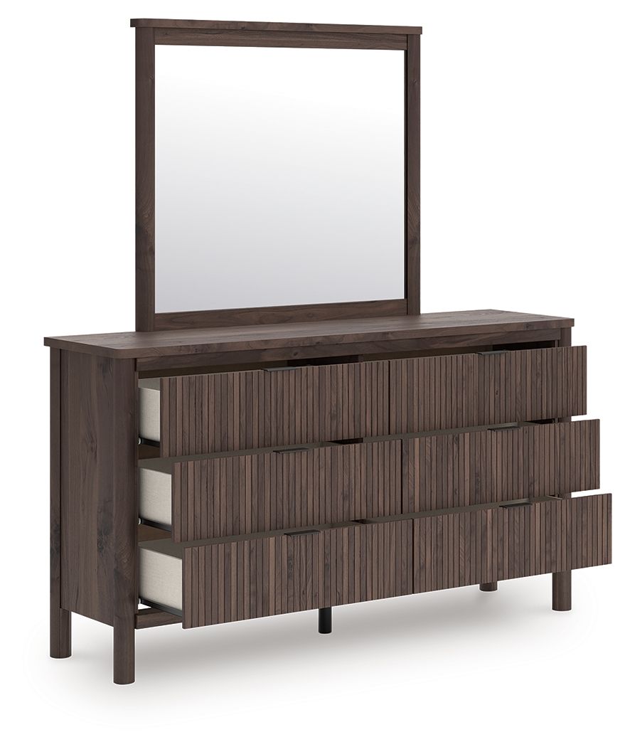 Dark brown dresser with mirror frame above and partially open drawers with slat fronts