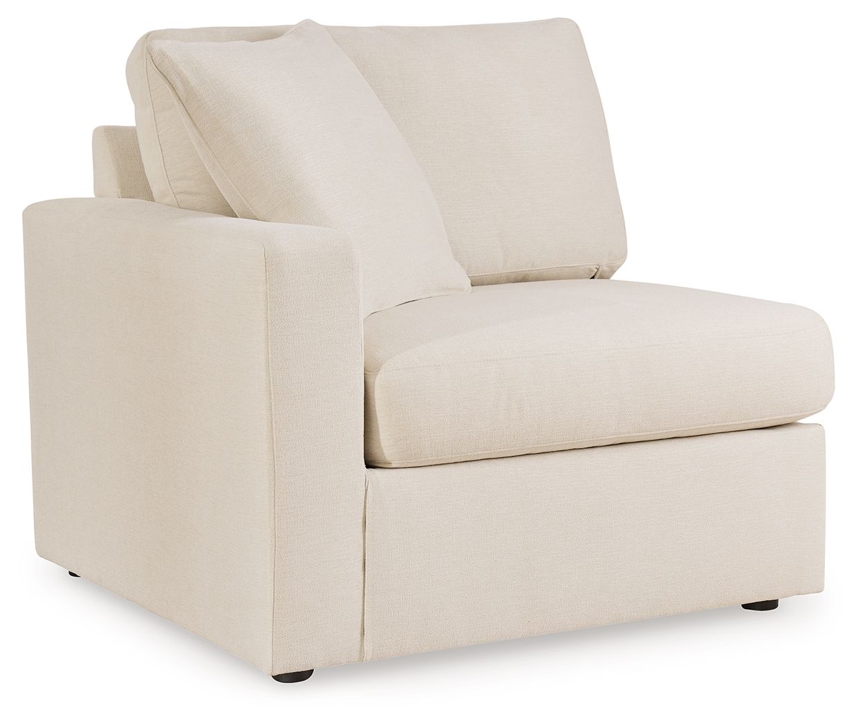 Corner chair with tall back cushion, light beige upholstery, and wide seat with armrests