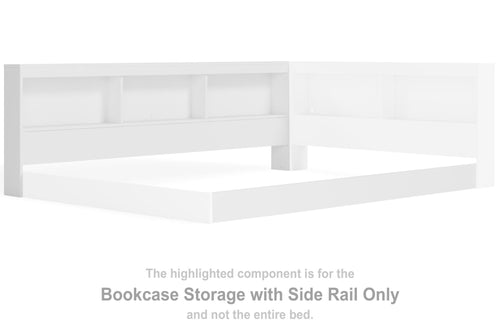 White bookcase storage unit with side rail and open shelving