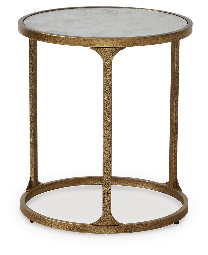 Round side table with light gray stone top and gold metal legs with lower shelf