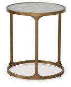 Round side table with light gray stone top and gold metal legs with lower shelf