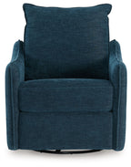 Navy swivel power recliner with tall backrest and thick arm padding