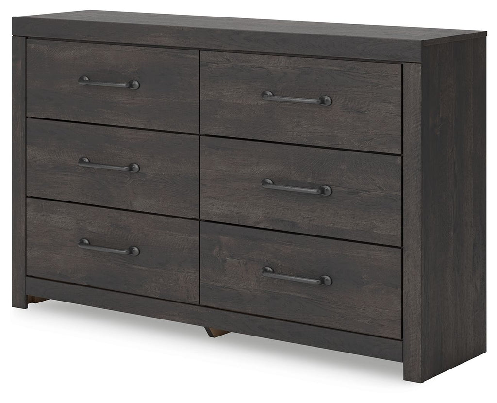 Dark gray six-drawer dresser with metal bar handles, side and front view