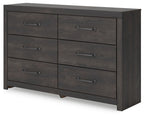 Dark gray six-drawer dresser with metal bar handles, side and front view