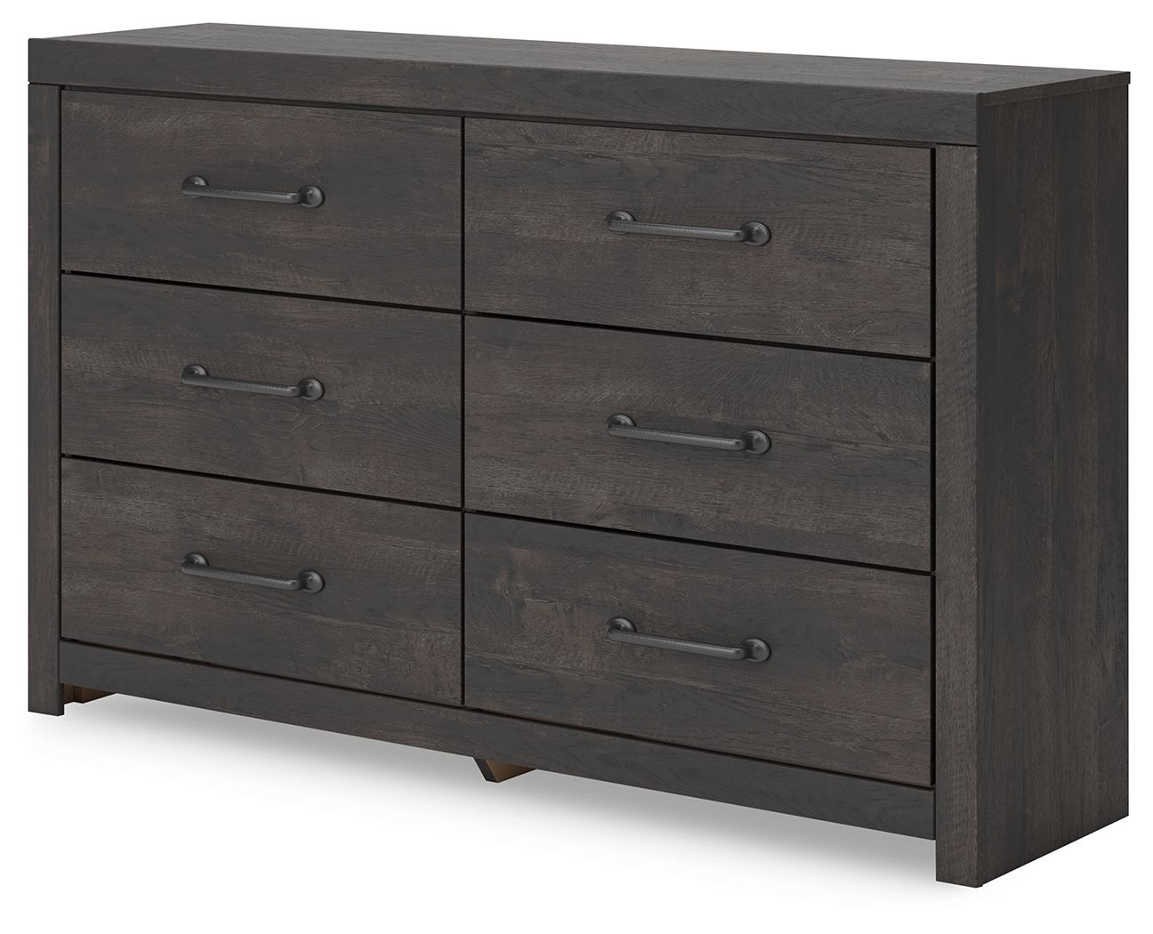 Dark gray six-drawer dresser with metal bar handles, side and front view