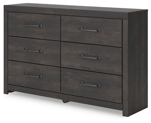 Dark gray six-drawer dresser with metal bar handles, side and front view