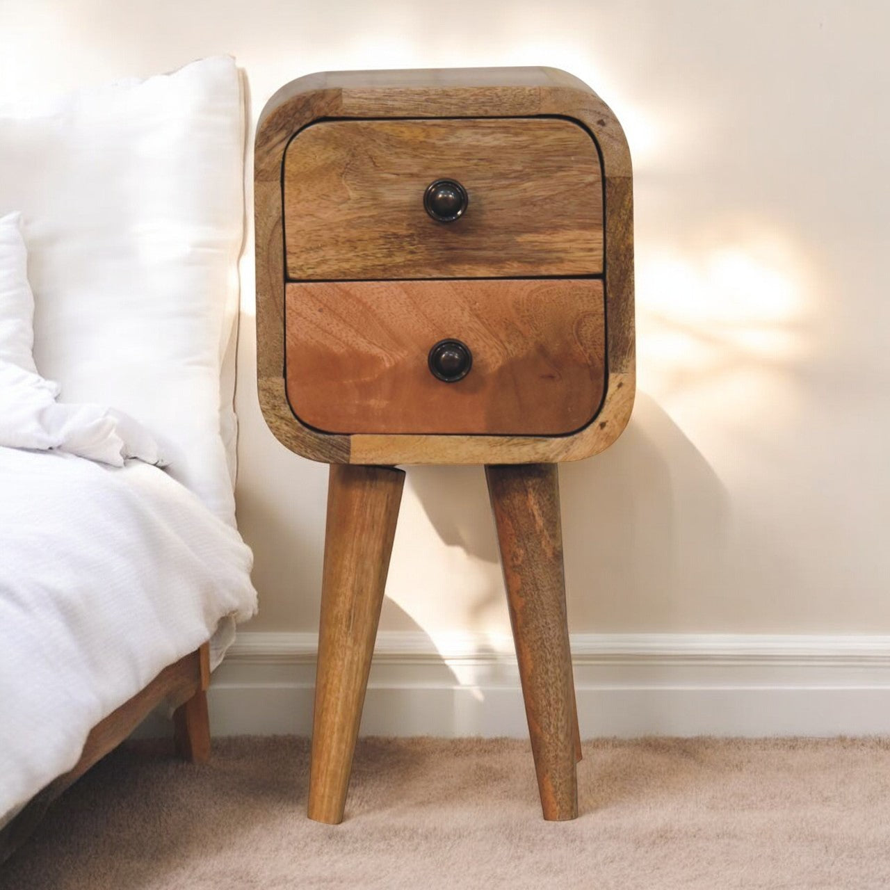 Solid Wood Extra Mini Curved Oak-ish Bedside, Nordic 2-Drawer
