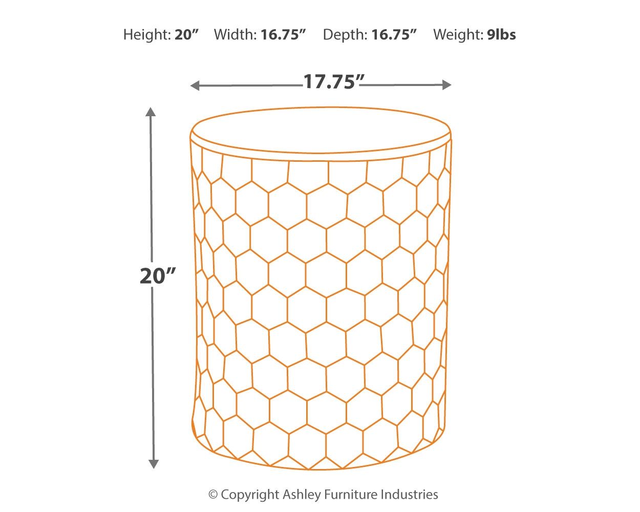Dimension diagram of round stool: height 20 in, width 17.75 in