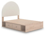 Beige upholstered panel bed frame with arched headboard, wood sides, and two front drawer storage