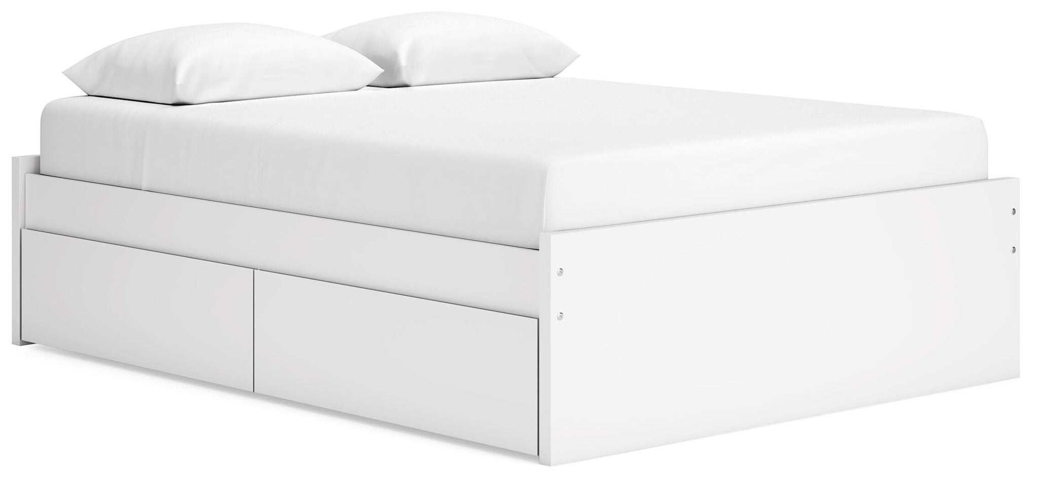 White platform bed with upholstered headboard and front storage drawers