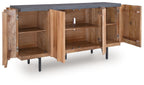 Wood accent cabinet with charcoal top, open storage with shelves behind doors