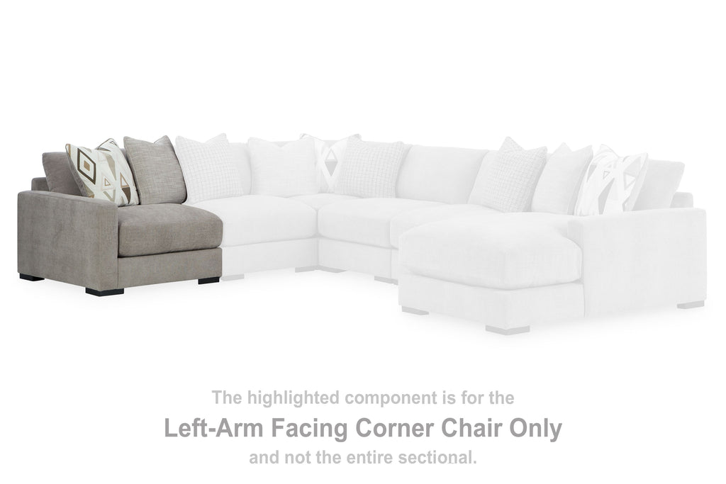 White left-arm facing corner chair section with tufted seat and throw cushions