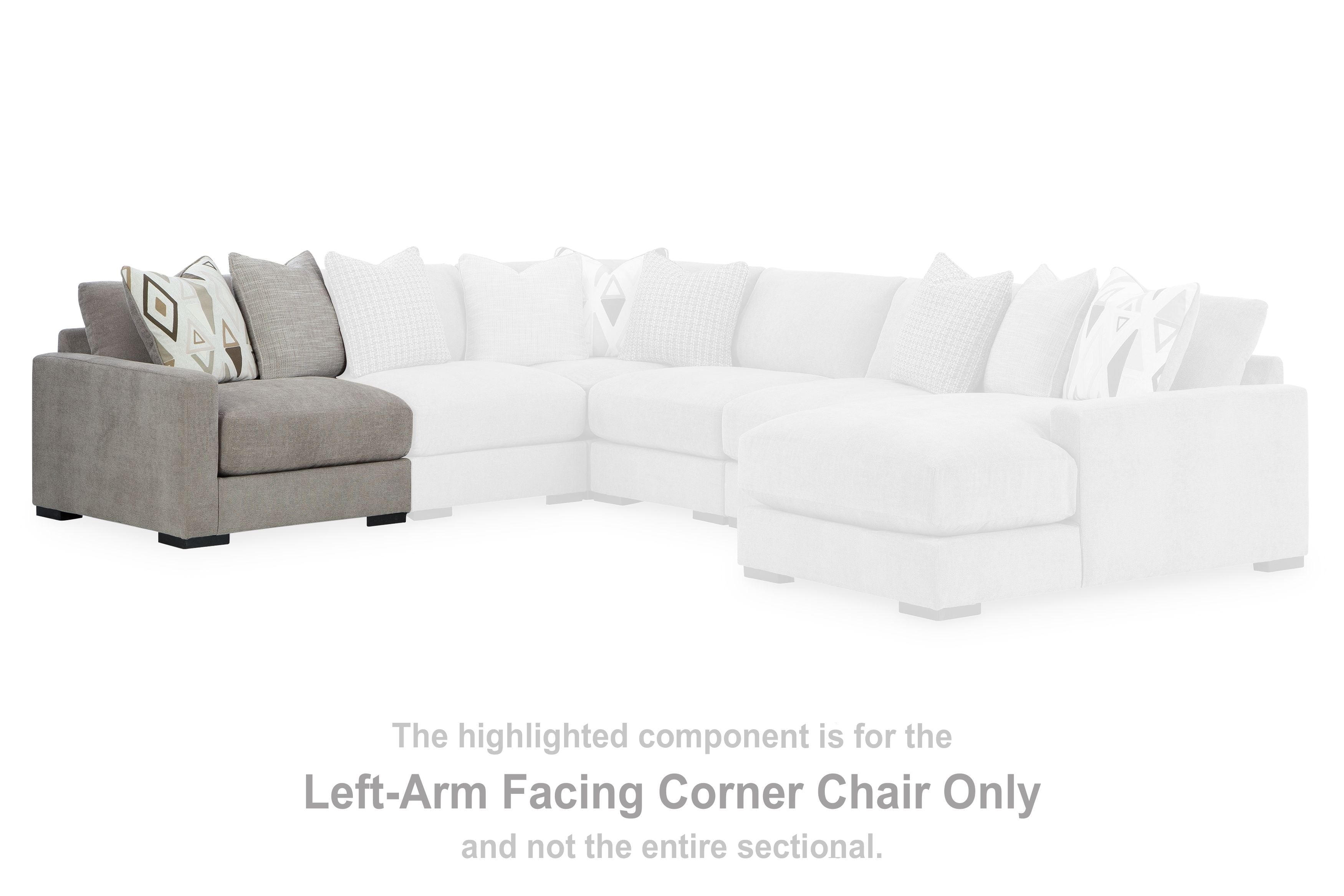 White left-arm facing corner chair section with tufted seat and throw cushions