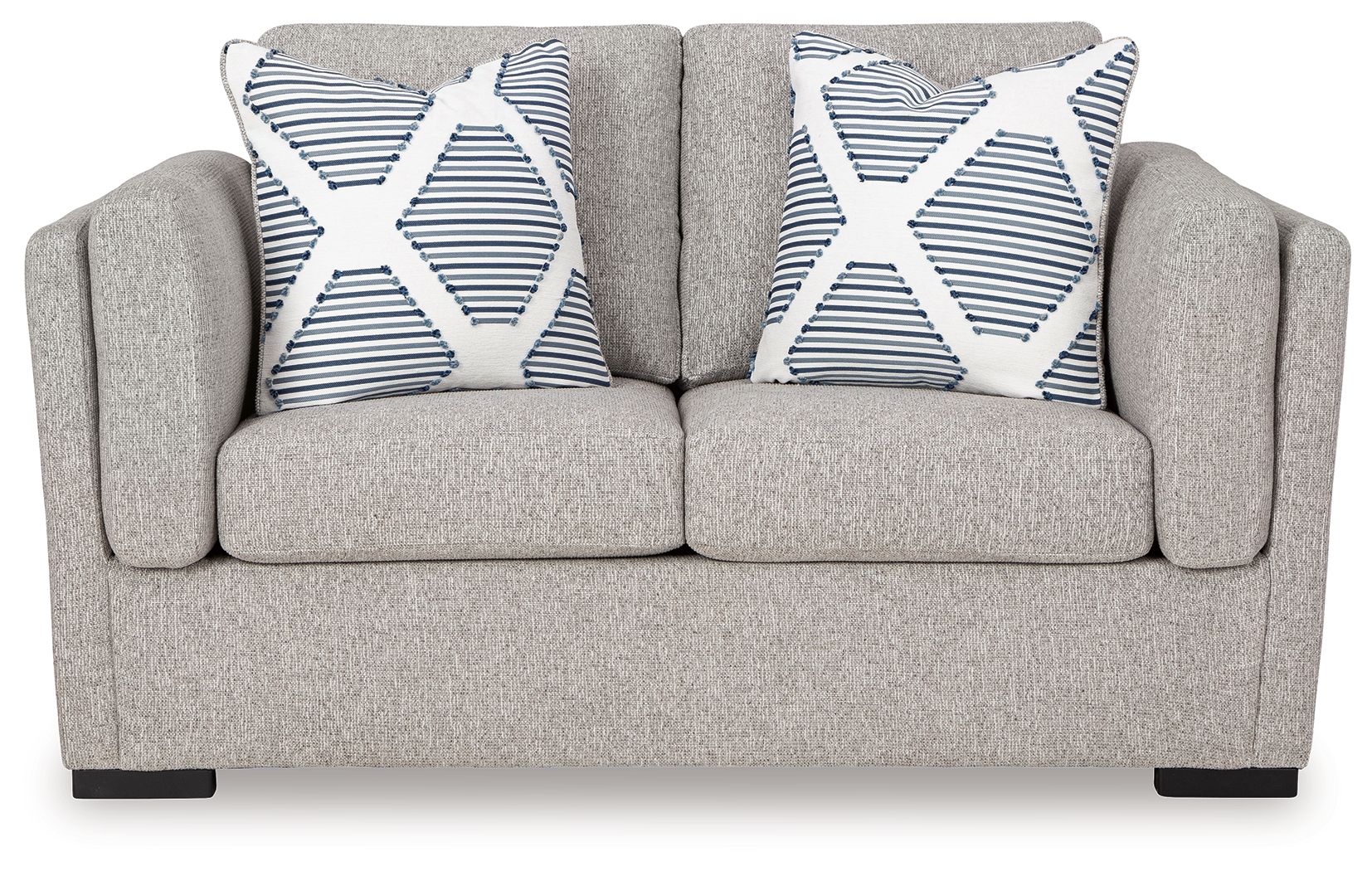 Gray loveseat sofa with two white-and-blue striped throw pillows on the backrest