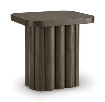Dark rectangular table with vertical ribbed sides and rounded-edge tabletop