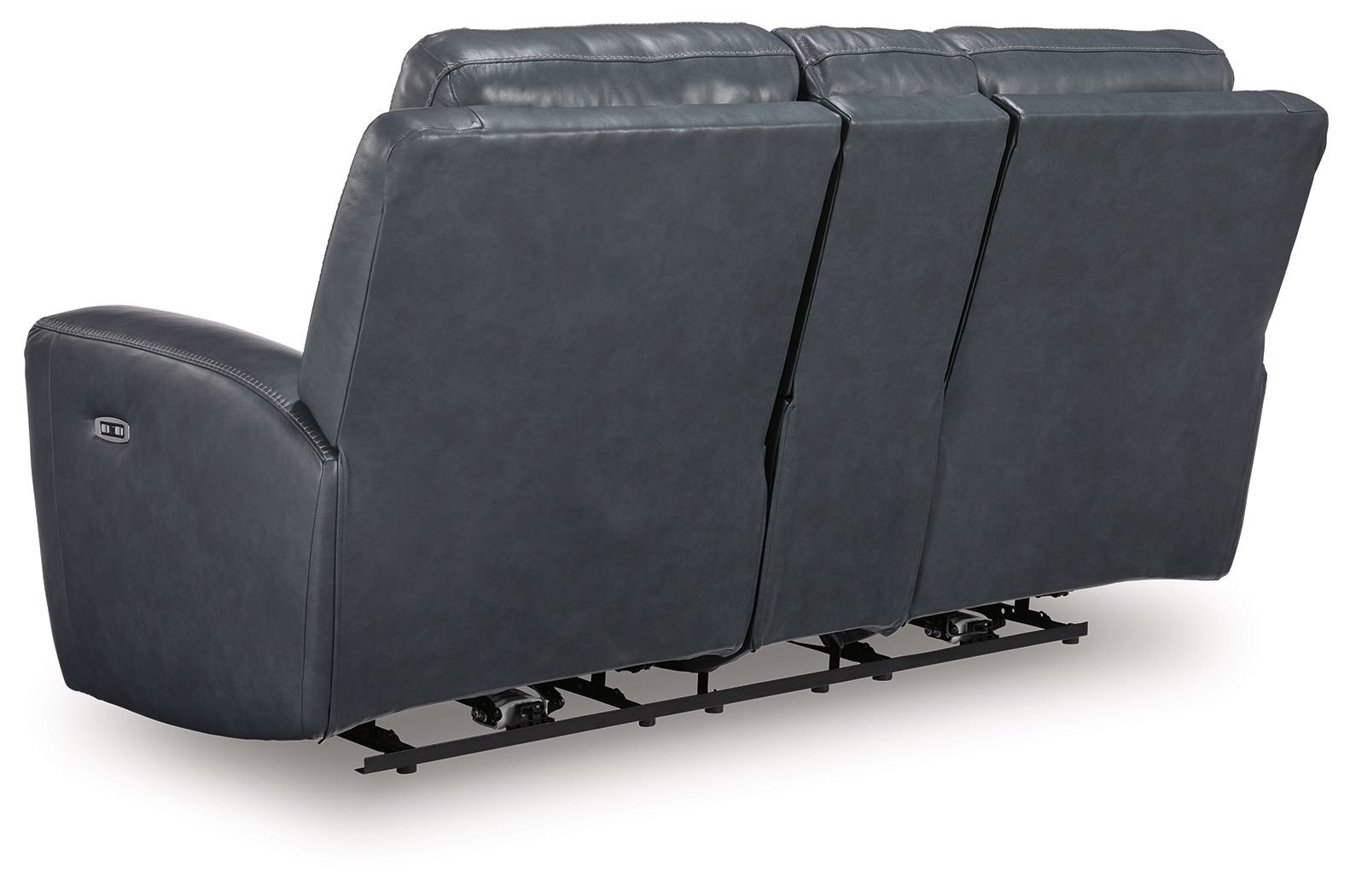 Blue power reclining loveseat with adjustable headrests, side view