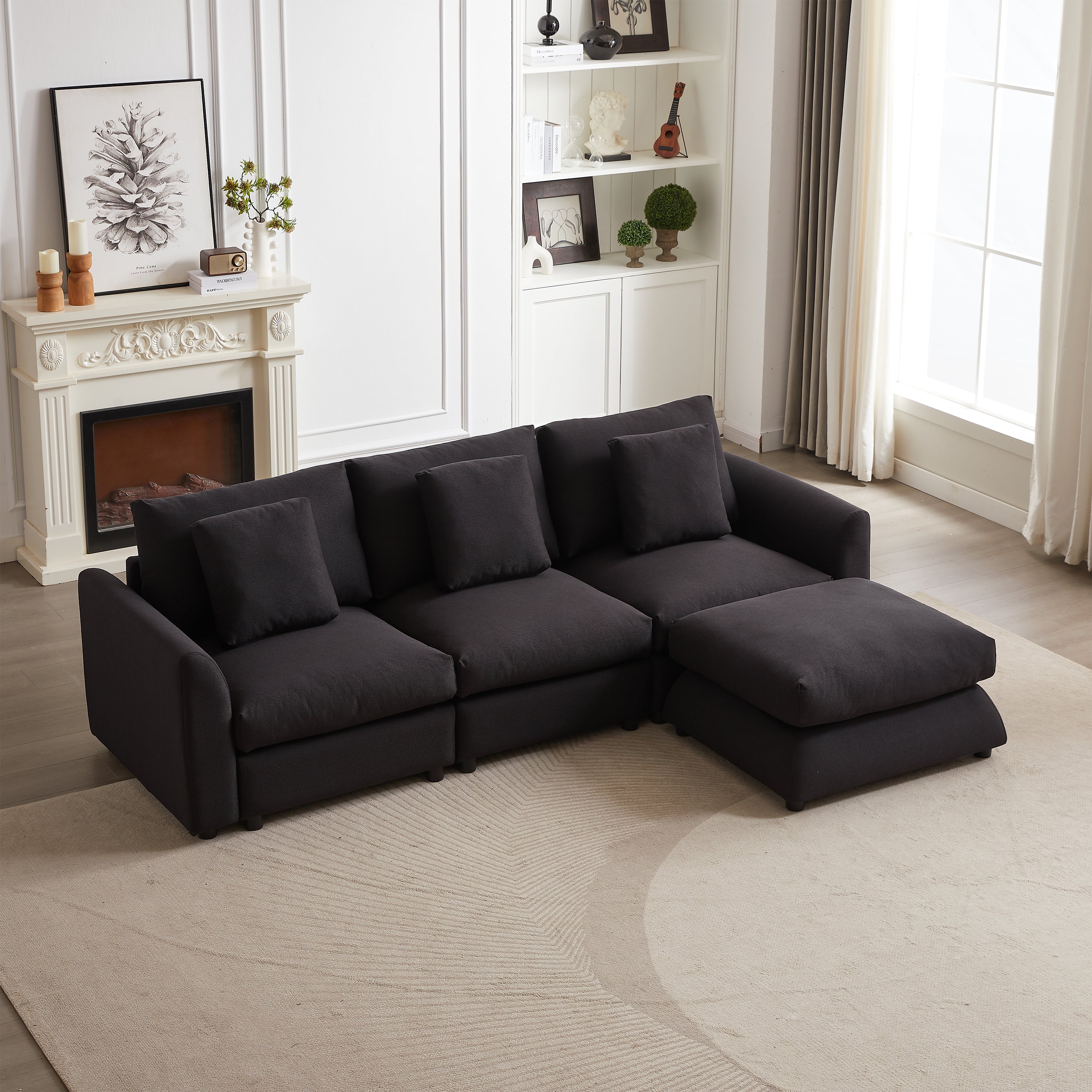 Black Modular L-Shaped Sofa with Ottoman for Living Room