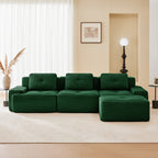 Green corduroy modular sectional sofa with three back cushions and ottoman sections