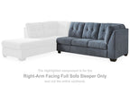 Right-arm facing full sofa sleeper in blue denim fabric, with tufted back cushions.