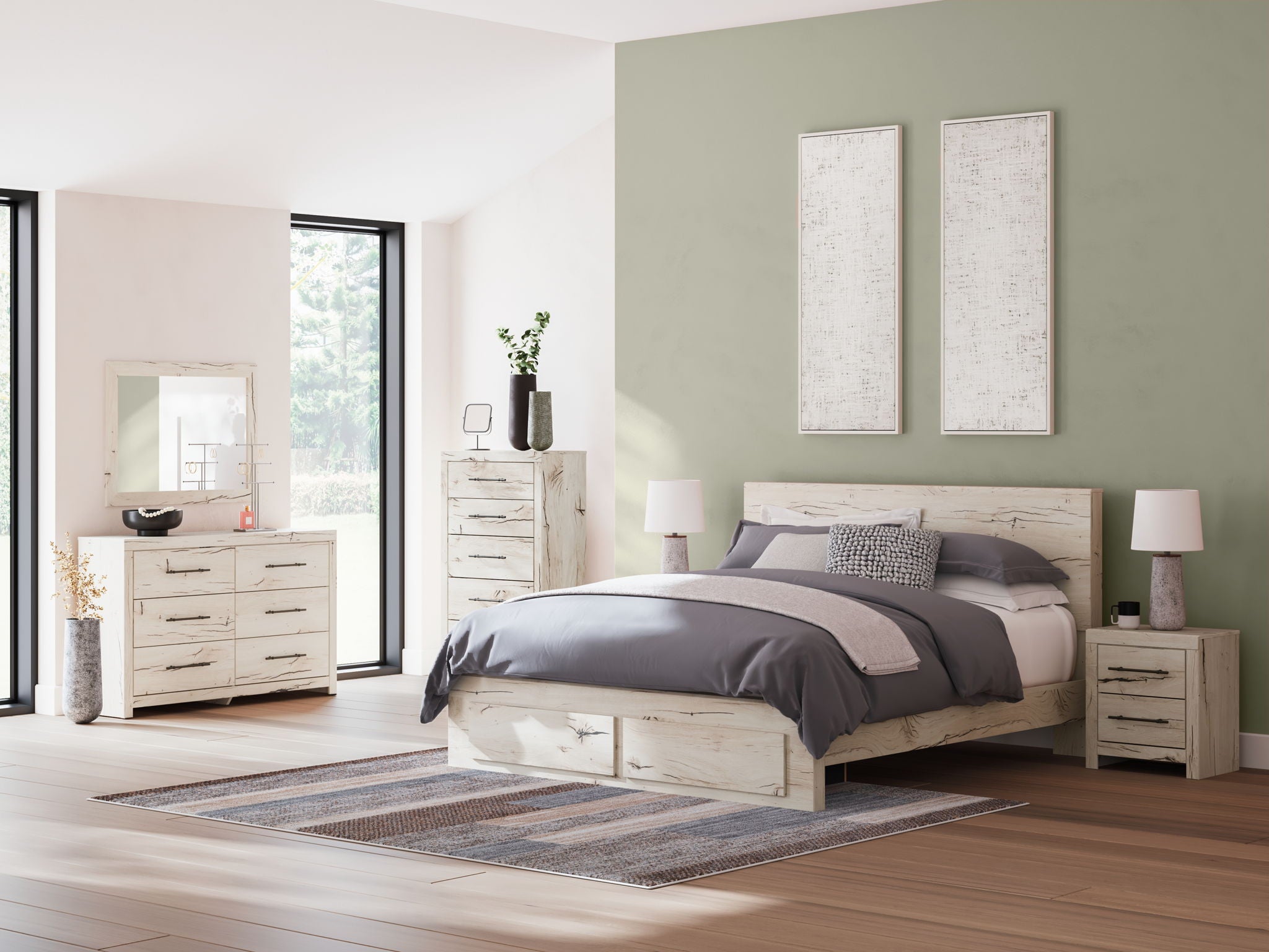 Bedroom storage set with bed, dresser drawers, mirror, and two nightstands in light wood
