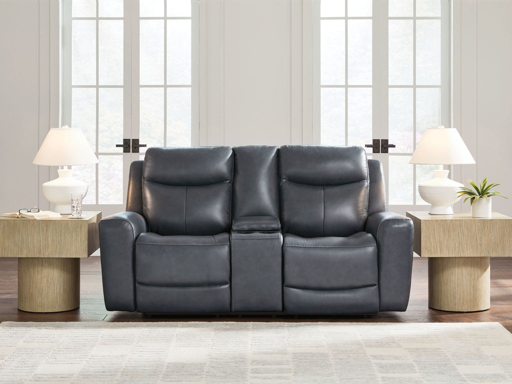 Blue power reclining loveseat with console and adjustable headrests