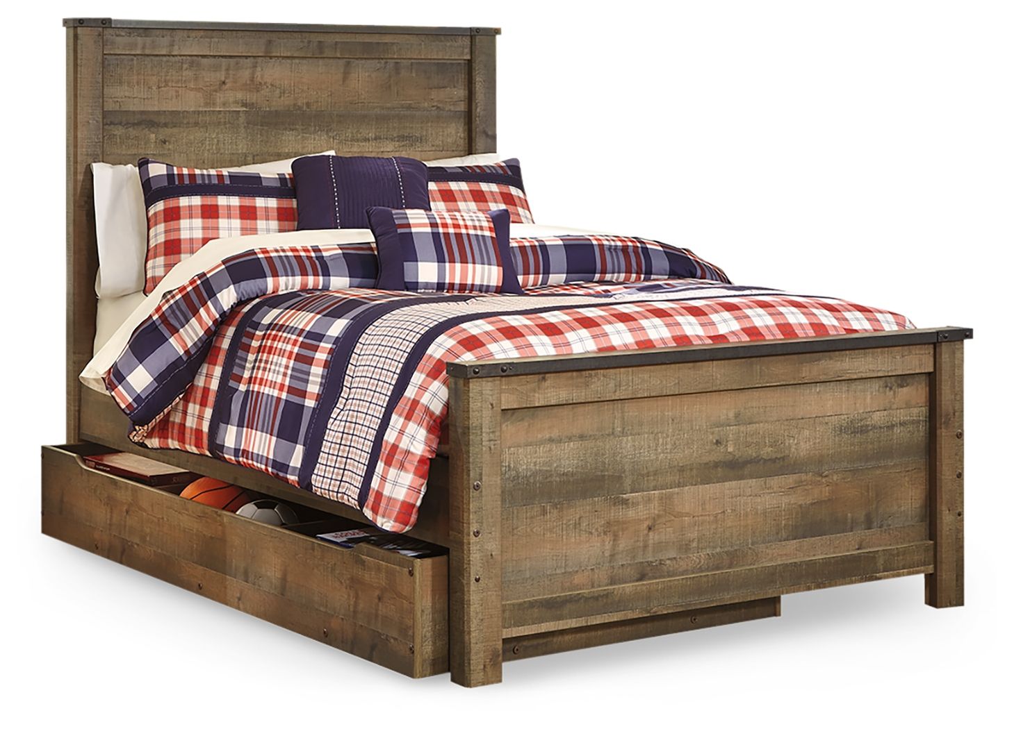 Panel bed with side drawers and plaid bedding in red, navy, and white with pillows