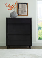 Black five-drawer wide chest with five stacked drawer fronts and angled feet