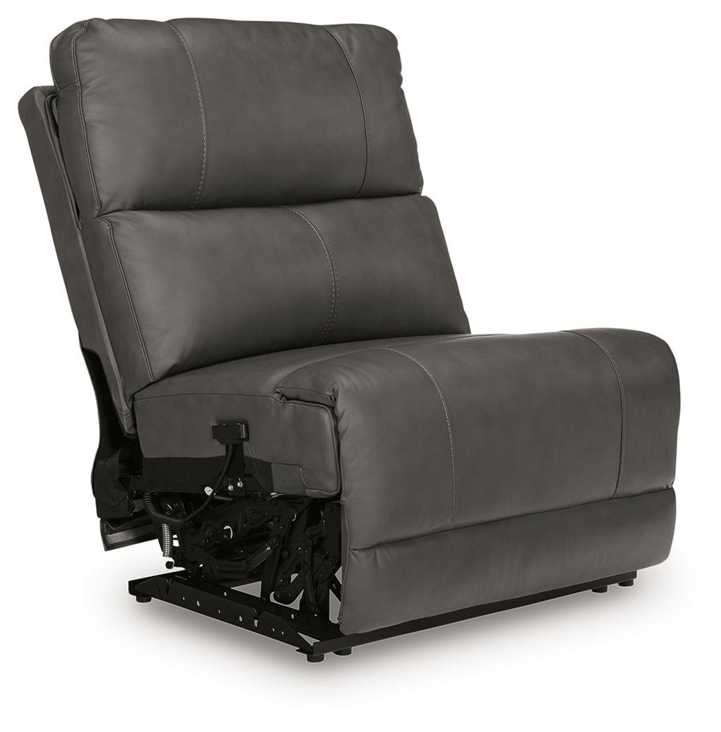 Dark gray armless power recliner with adjustable headrest and padded footrest