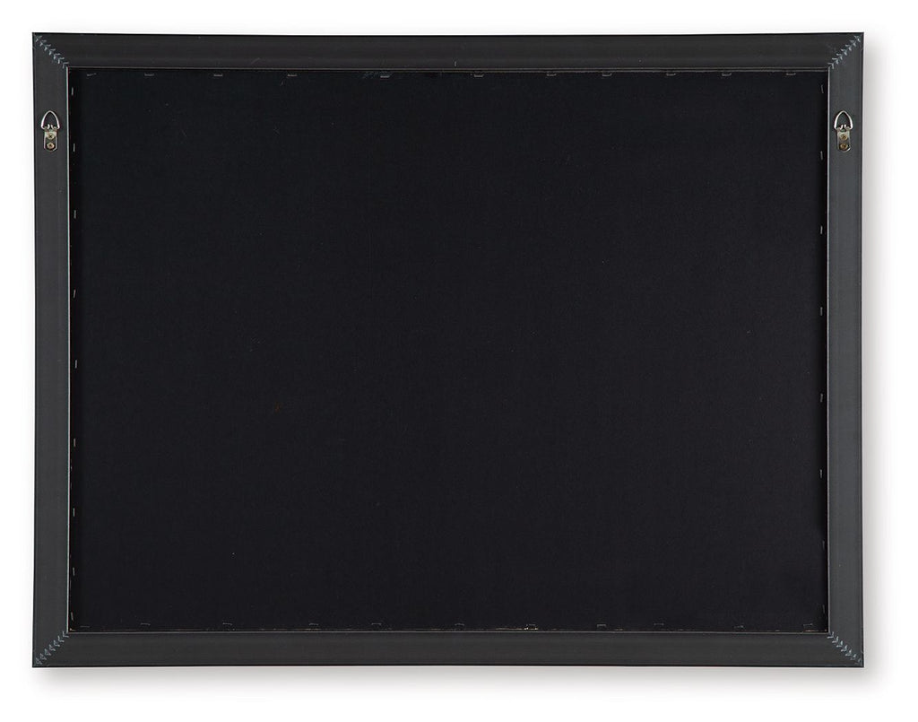Framed wall art backing with black panel and hanging hardware on the frame.