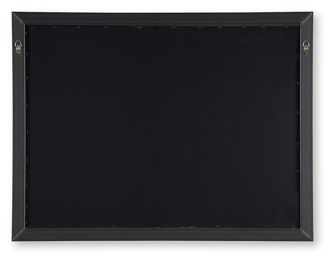 Framed wall art backing with black panel and hanging hardware on the frame.