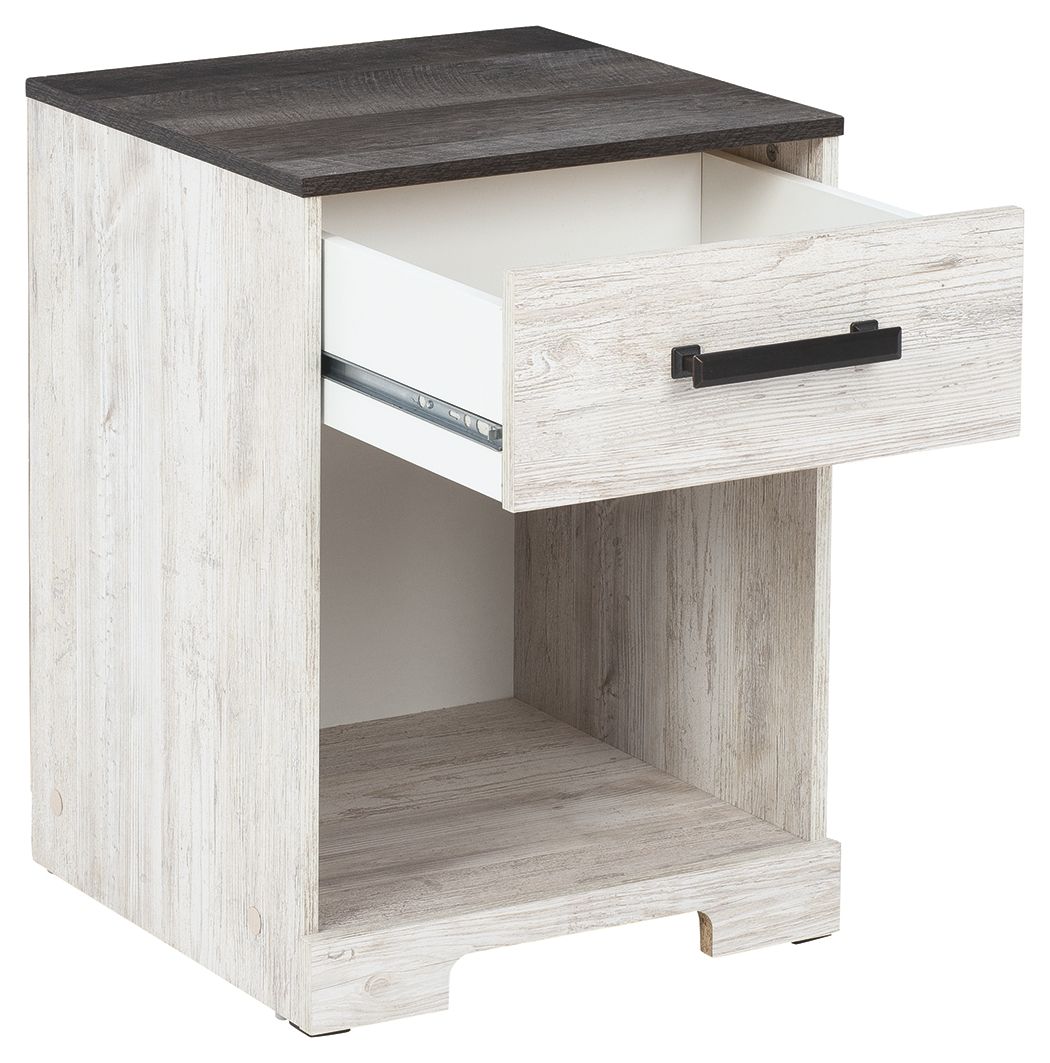 Whitewash night stand with open shelf, charcoal top, and black drawer handle