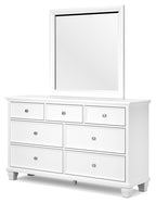 White dresser with rectangular mirror and nine drawers, metal knobs, centered divider panel.