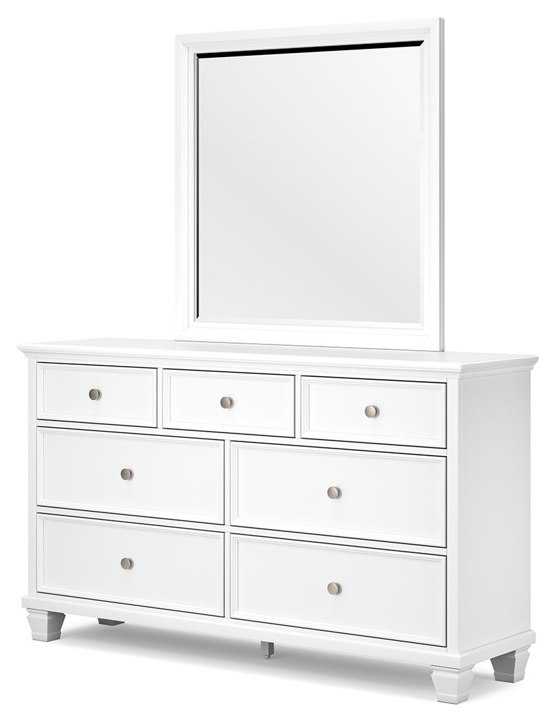 White dresser with rectangular mirror and nine drawers, metal knobs, centered divider panel.