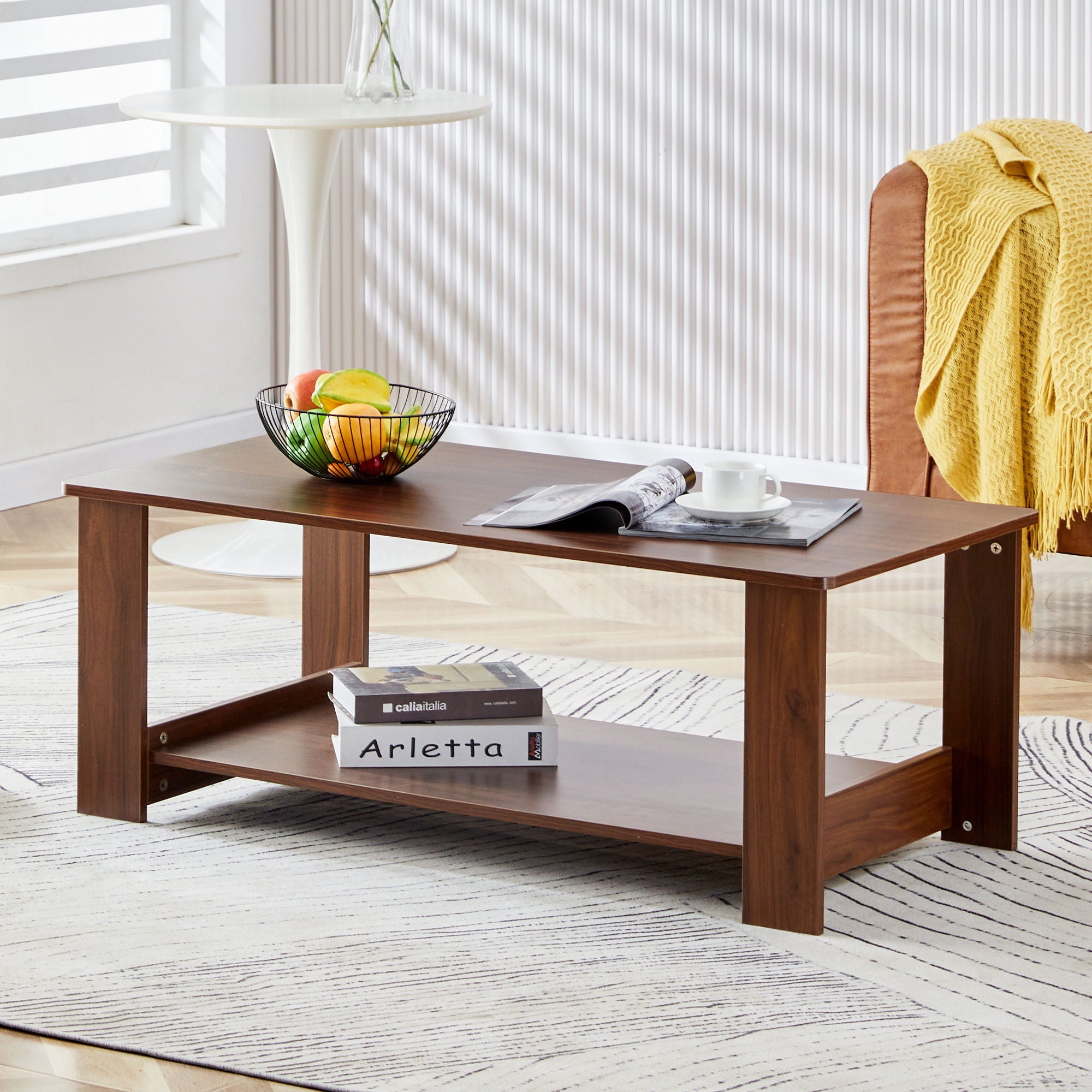 Modern And Practical Walnut Textured Coffee Tables, Tea Tables. The Double Layered Coffee Table Is Made Of MDF Material. Suitable For Living Room 43.3" *21.6" *16.5" Ct - 16