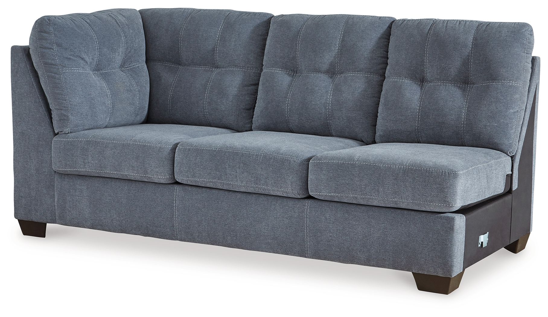 Blue-gray LAF sofa with tufted back cushions, padded seat, and dark block legs