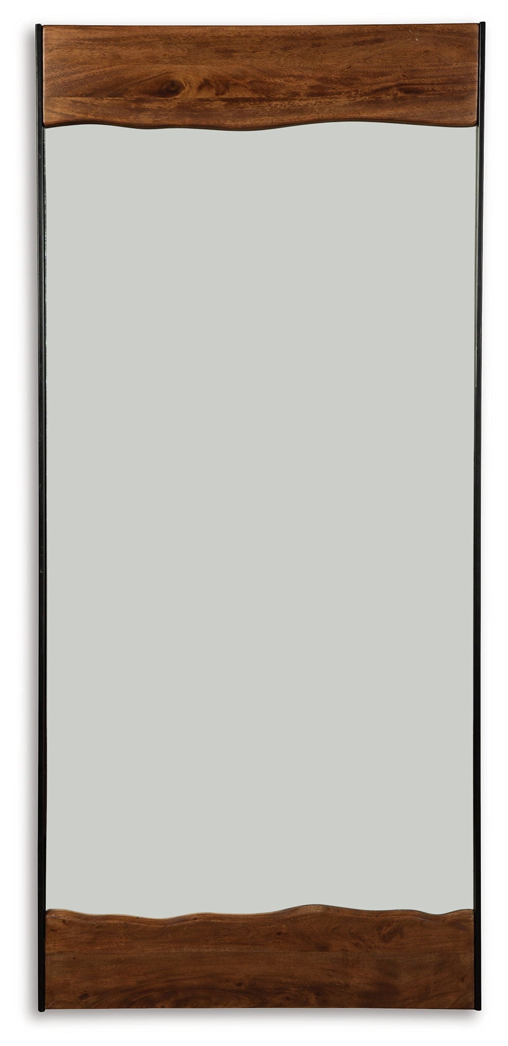 Floor mirror with rectangular brown wood frame and dark black border