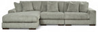 Fog gray sectional sofa with chaise extension and ribbed cord upholstery