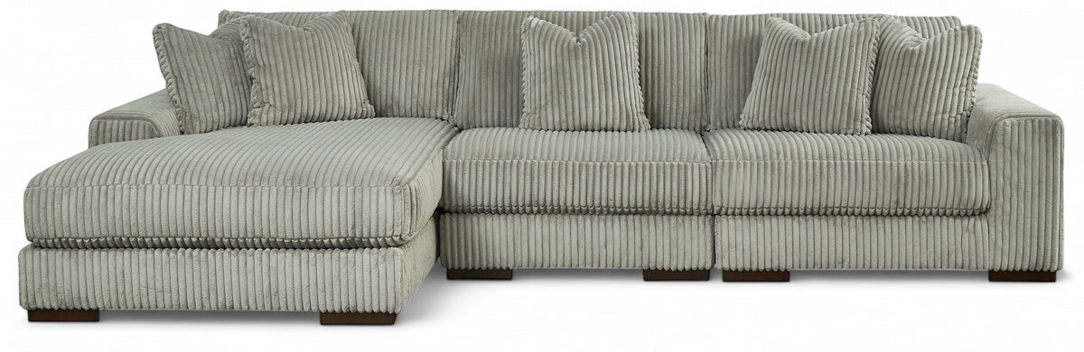Fog gray sectional sofa with chaise extension and ribbed cord upholstery