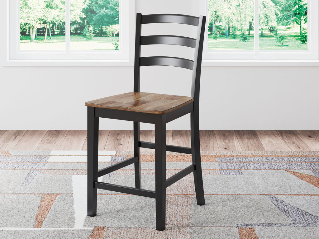 Barstool with dark wood seat and black slatted back, upright full chair view